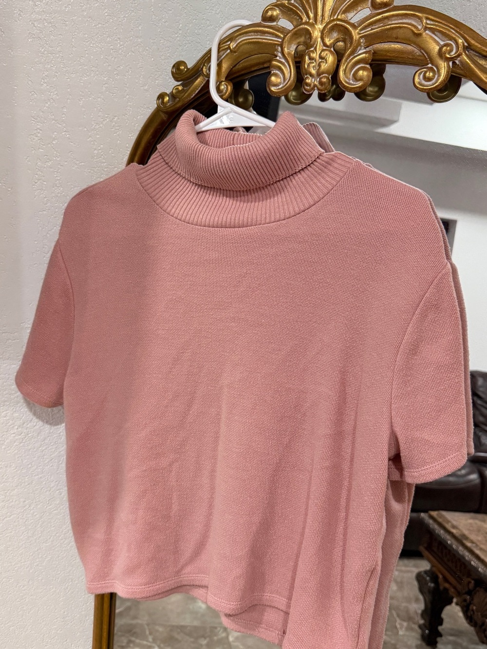 Zara Blush Pink Ribbed Turtleneck Short Sleeve Sweater
